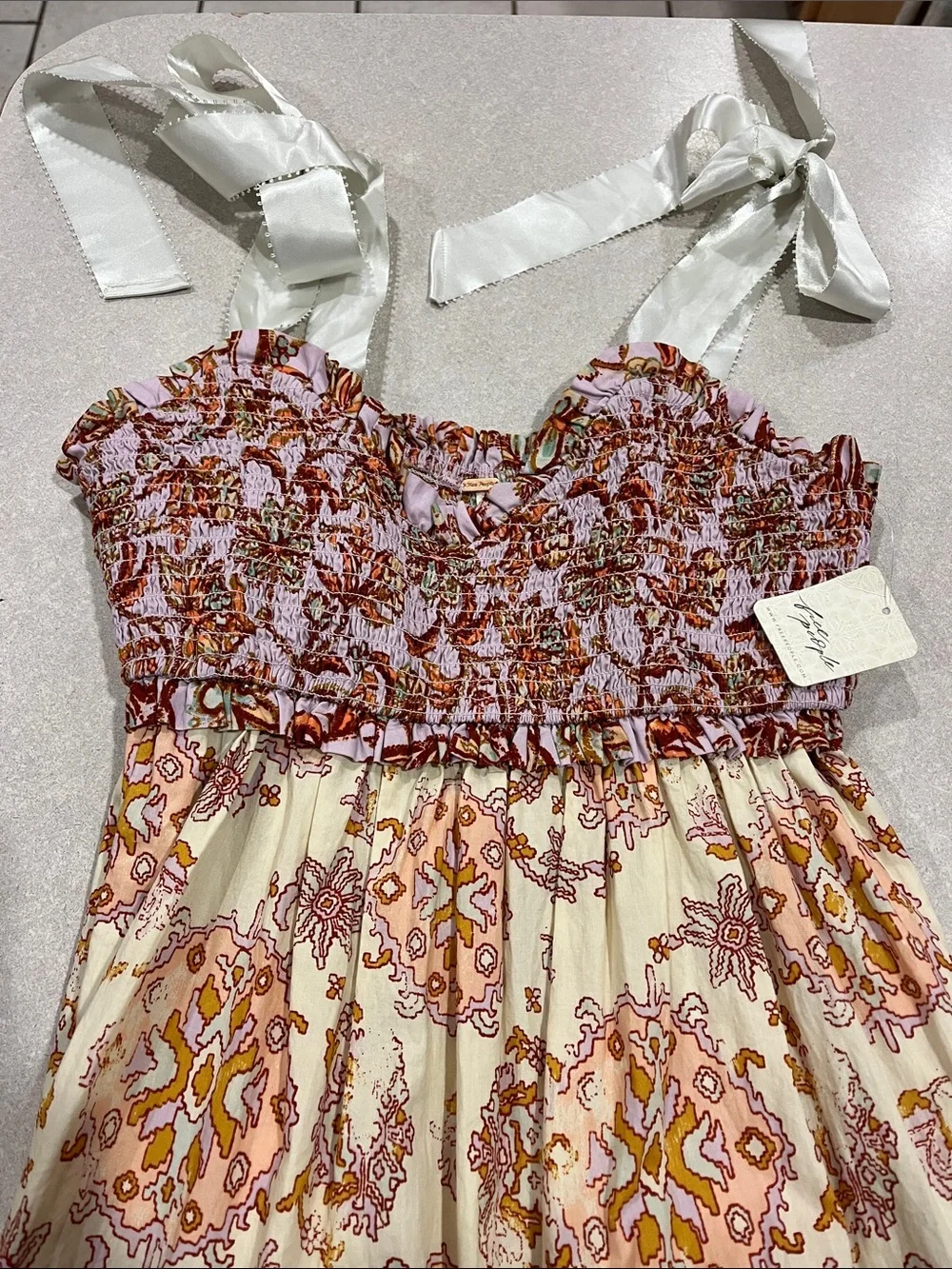 Free People Floral Tiered Maxi Dress with Tie Straps - Pink & Mint
